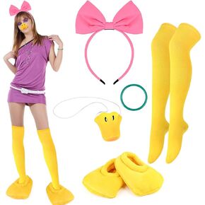 5 Pcs Halloween Duck Costume Accessories Women Pink Bowknot Headband Duck Nose Mask Duck Feet Slippers Yellow Socks Green Plastic Bracelet for Women Dress up Cosplay