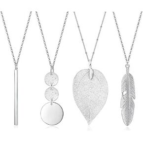 YQZIYOU 6 PCS Long Necklaces for Women - Fashion Pendant Necklace Jewelry, Silver Bar Feather Circle Leaf Triangle Crescent Moon Y Necklace Jewelry Set, Gifts for Women