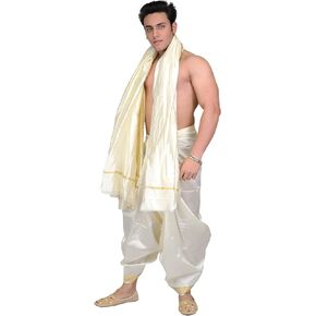 Cream Dhoti and Angavastram with Golden Woven Border, Self Draped - Art Silk