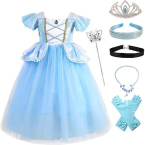 Blue Princess Costume Dress for Girls Kids Halloween Cosplay Party Outfit with Accessories