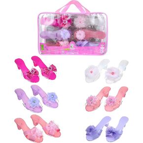 Expressions Toddler Girls Kids 6 Pack Dress Up Royalty Shoes with Heels Set in Carrying Bag - Fits Toddler Shoe Size 7-10 - Pink, Rose, Lilac Perfect Little Girl Toys Role Play Playset