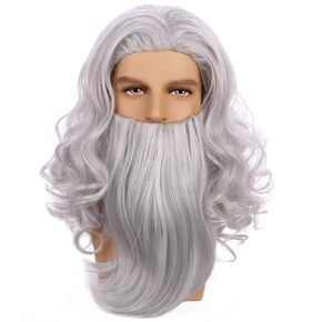Gray Wig for Kids Child Long Wavy Gray Beard Wig Boys Curly Grey Wig Cosplay Halloween Costume Wig