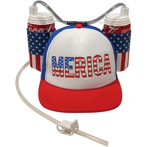 USA Merica Drinking Cap Adjustable Size Hat with Straw for Soda or Beverage Guzzler Drink Helmet - America Drinking July 4th Costume - All American Party Gear