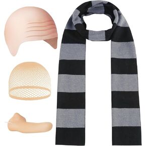 4 Pcs Halloween Costume Accessories for Adult,Black Gray Striped Scarf/Fake Nose/Bald Cap for Men Cosplay Set