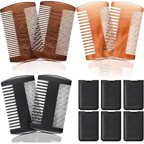 6 Pieces Beard Comb Natural Sandalwood Wooden Moustaches Combs Dual Action Teeth Beard Comb with 6 Pieces Pocket Faux Leather Case for Beards Moustaches (Black, Yellow, Brown)