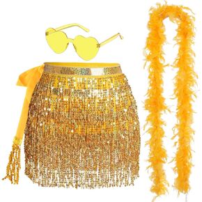 Sequin Tassel Skirt Fringe Belly Dance Hip Scarf with Heart Sunglasses Feather Boa for Women Rave Party Costume