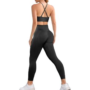 FRESOUGHT Workout Sets for Women 2 Piece Seamless Longsleeve Crop Top and High Waist Leggings Yoga Outfit Activewear Athletic Matching Gym Clothes Black-S