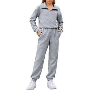 Arshiner الفتيات 2 قطعة وتتسابق مجموعة ملابس رياضية نصف البريدي التلبيب الياقة طويلة الأكمام البلوز Sweatpant مجموعات رياضية in Kuwait