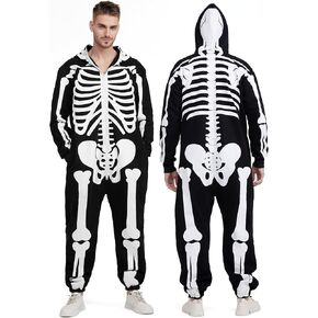 Aotiooy Halloween Skeleton Costume Luminous Skeleton Onesie Adult Skull Skin Full Body Printed Hooded Zipper Costume for Men