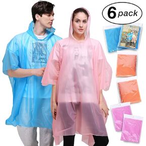 Rain Ponchos for Adult with Drawstring Hood - 6 Pack Lightweight Yet Strong, Reusable-for Women Men Concerts, Camping