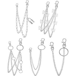 Silver Jean Chain Belt Goth Grunge Chain with Star Moon Snake Lock Decorations for Women/Men (Butterfly Lock Chain)