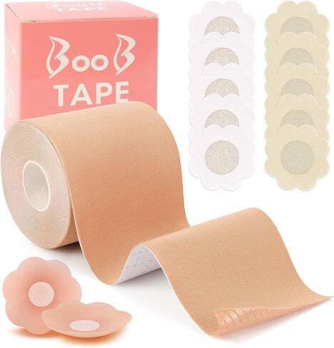 مجموعة شريط الصدر، شريط لرفع الثدي مع بتلات وأغطية الثدي من السيليكون بشريط الجسم، شريط رفع الثدي الفوري بعرض 3 بوصة للثدي، شريط لاصق لاصق قابل للتنفس للملابس بدون ظهر وبدون حمالات in Kuwait