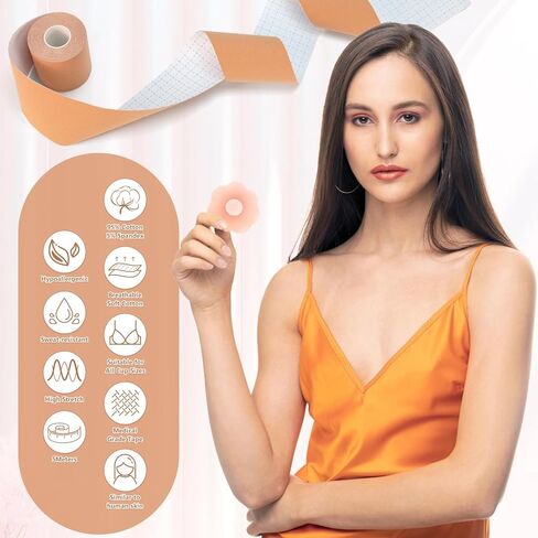 مجموعة شريط الصدر، شريط لرفع الثدي مع بتلات وأغطية الثدي من السيليكون بشريط الجسم، شريط رفع الثدي الفوري بعرض 3 بوصة للثدي، شريط لاصق لاصق قابل للتنفس للملابس بدون ظهر وبدون حمالات in Kuwait