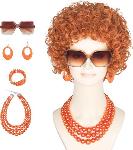 Women Rope Short Curly Red Brown Wig and Glasses Orange Jewelry Set Party Cosplay Wig in Saudi Arabia