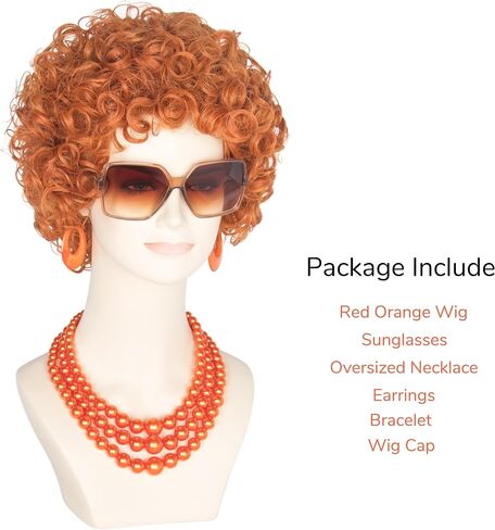 Women Rope Short Curly Red Brown Wig and Glasses Orange Jewelry Set Party Cosplay Wig in Saudi Arabia