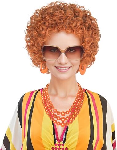 Women Rope Short Curly Red Brown Wig and Glasses Orange Jewelry Set Party Cosplay Wig in Saudi Arabia