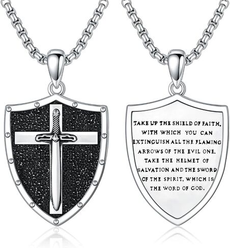 Sterling Silver Knights Templar Cross Joshua 1:9 Shield Pendant Necklace with 22+2 inch Stainless Steel Chain Men's Verse Bible Armor of God Necklace in Saudi Arabia
