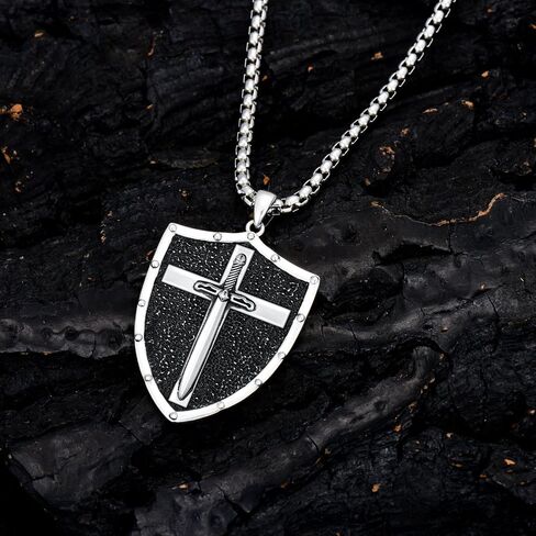 Sterling Silver Knights Templar Cross Joshua 1:9 Shield Pendant Necklace with 22+2 inch Stainless Steel Chain Men's Verse Bible Armor of God Necklace in Saudi Arabia