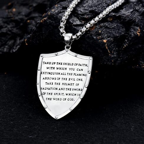 Sterling Silver Knights Templar Cross Joshua 1:9 Shield Pendant Necklace with 22+2 inch Stainless Steel Chain Men's Verse Bible Armor of God Necklace in Saudi Arabia