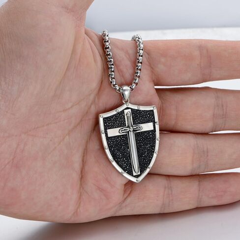 Sterling Silver Knights Templar Cross Joshua 1:9 Shield Pendant Necklace with 22+2 inch Stainless Steel Chain Men's Verse Bible Armor of God Necklace in Saudi Arabia