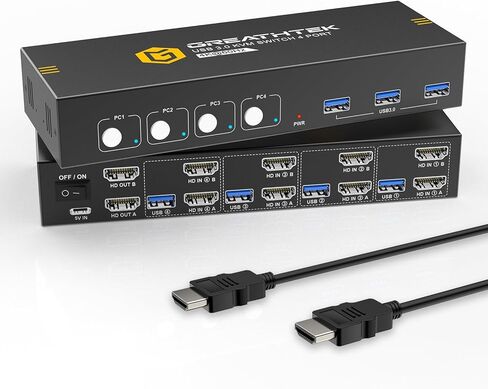 KVM Switch HDMI Dual Monitor Extended Display 4 Port, 4 USB 2.0 Hub, UHD 4K@30Hz Downward Compatible, Button Switch, with All Needed Cables, No Adapter Required in Kuwait
