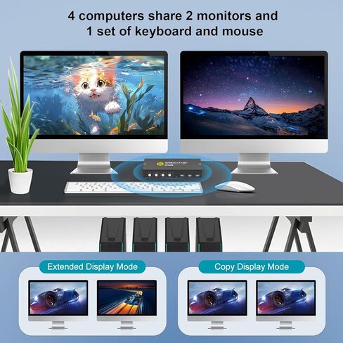 KVM Switch HDMI Dual Monitor Extended Display 4 Port, 4 USB 2.0 Hub, UHD 4K@30Hz Downward Compatible, Button Switch, with All Needed Cables, No Adapter Required in Kuwait