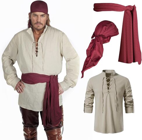 3 Pcs Pirate Costume Men Pirate Shirt Renaissance Costume Shirt Victorian Gothic Shirt Medieval Costume Cosplay in Saudi Arabia