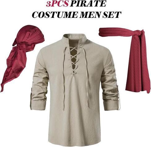 3 Pcs Pirate Costume Men Pirate Shirt Renaissance Costume Shirt Victorian Gothic Shirt Medieval Costume Cosplay in Saudi Arabia