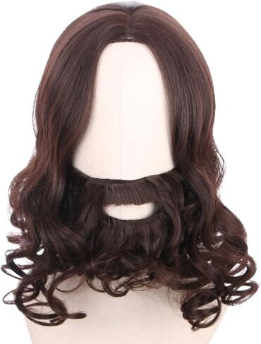 شعر مستعار بني للأطفال مع لحية للأولاد طويل مموج بني داكن وشارب ولحية شعر مستعار للحفلات التنكرية للهالوين in Kuwait