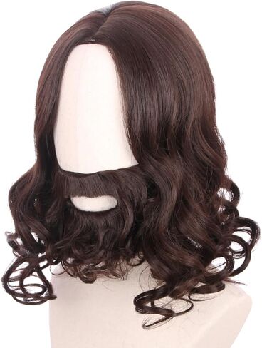 شعر مستعار بني للأطفال مع لحية للأولاد طويل مموج بني داكن وشارب ولحية شعر مستعار للحفلات التنكرية للهالوين in Kuwait