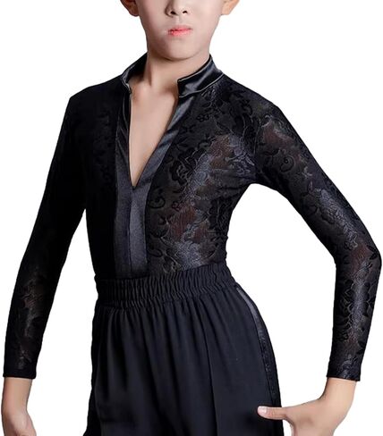 Kids Boys Floral Lace Mesh Latin Modern Dance Shirt Tops Leotard Salsa Tango Ballroom Dancewear V-Neck Bodysuit in Kuwait