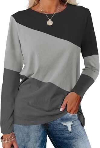 Minetom Women's Color Block Tops Casual Long Sleeve Tunic Round Neck Pullover Shirts in Saudi Arabia