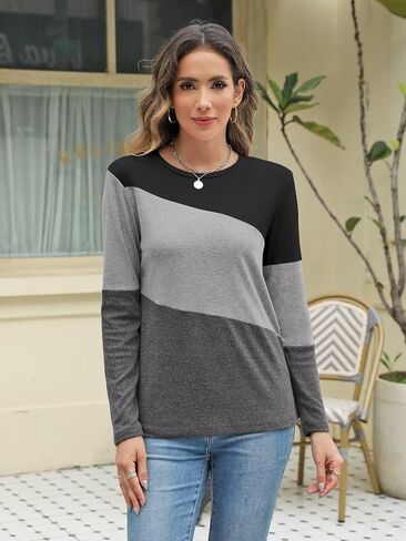 Minetom Women's Color Block Tops Casual Long Sleeve Tunic Round Neck Pullover Shirts in Saudi Arabia
