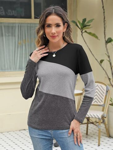 Minetom Women's Color Block Tops Casual Long Sleeve Tunic Round Neck Pullover Shirts in Saudi Arabia