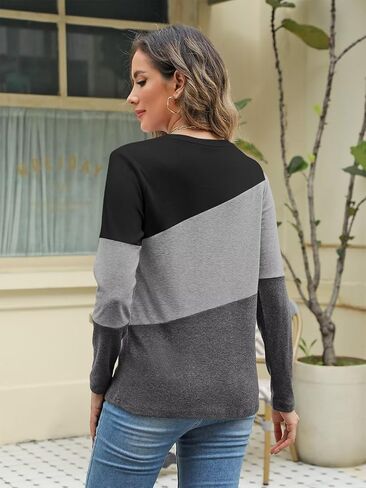 Minetom Women's Color Block Tops Casual Long Sleeve Tunic Round Neck Pullover Shirts in Saudi Arabia