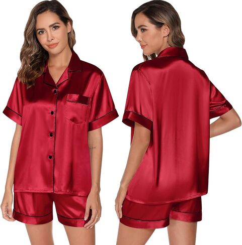 GAESHOW Satin Pajamas for Women, Short Sleeve Silk Pajama Set with Shorts Two Piece Pj Sets Button-Down Sleepwear Loungewear in Kuwait