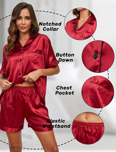 GAESHOW Satin Pajamas for Women, Short Sleeve Silk Pajama Set with Shorts Two Piece Pj Sets Button-Down Sleepwear Loungewear in Kuwait