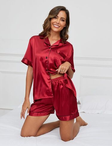 GAESHOW Satin Pajamas for Women, Short Sleeve Silk Pajama Set with Shorts Two Piece Pj Sets Button-Down Sleepwear Loungewear in Kuwait