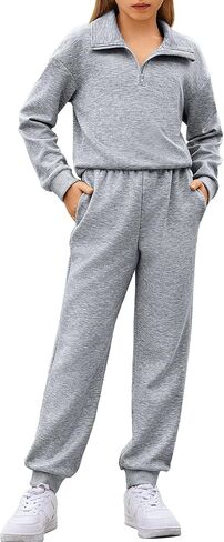 Arshiner الفتيات 2 قطعة وتتسابق مجموعة ملابس رياضية نصف البريدي التلبيب الياقة طويلة الأكمام البلوز Sweatpant مجموعات رياضية in Kuwait