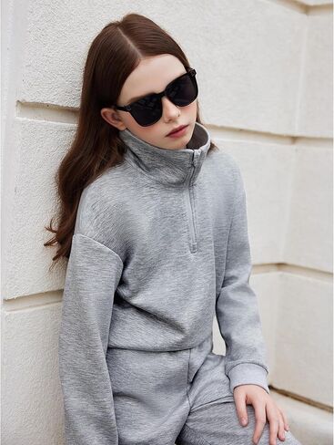 Arshiner الفتيات 2 قطعة وتتسابق مجموعة ملابس رياضية نصف البريدي التلبيب الياقة طويلة الأكمام البلوز Sweatpant مجموعات رياضية in Kuwait