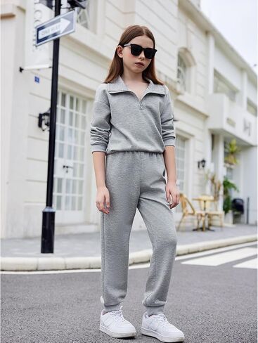 Arshiner الفتيات 2 قطعة وتتسابق مجموعة ملابس رياضية نصف البريدي التلبيب الياقة طويلة الأكمام البلوز Sweatpant مجموعات رياضية in Kuwait