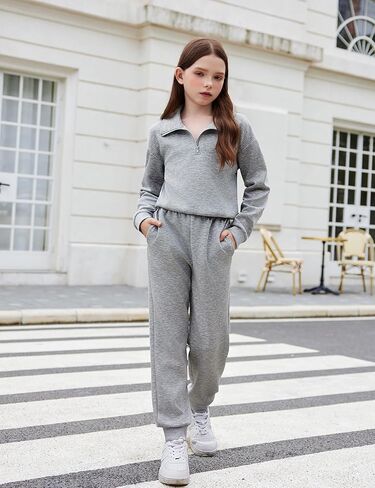 Arshiner الفتيات 2 قطعة وتتسابق مجموعة ملابس رياضية نصف البريدي التلبيب الياقة طويلة الأكمام البلوز Sweatpant مجموعات رياضية in Kuwait