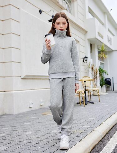 Arshiner الفتيات 2 قطعة وتتسابق مجموعة ملابس رياضية نصف البريدي التلبيب الياقة طويلة الأكمام البلوز Sweatpant مجموعات رياضية in Kuwait