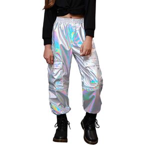 Perfashion Metallic Cargo Pants for Girls Hip Hop Dance Multi-Pocket Joggers High Waist Pants 6-15Y