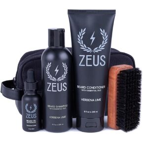 ZEUS Deluxe Beard Wash & Grooming Kit with Travel Toiletry Dopp Bag, Natural Beard Oil, Beard Wash Combo, Beard Brush & Travel Toiletry Bag (Sandalwood)