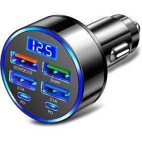 5 Port USB Car Charger(4USB+Type C) Compact Fast Charger Cigarette Lighter Adapter with LED&Voltage Monitor, Compatible with iPhone 14/Pro MacBook, iPad Pro/Air, Galaxy All Smart Phone in Kuwait