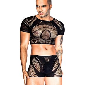 Mesh Crop Tops For Men,Short Sleeve Hollow Out Sheer Fishnet Sexy Top And Shorts Set,2 Piece Rave Outfits Date Night Club Exotic Dancewear Black One Size Fits All