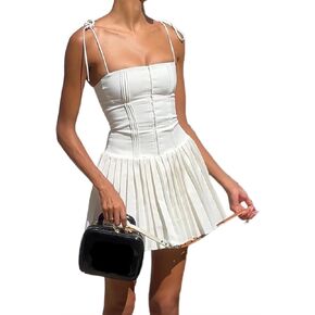 Women's French White Sexy Slim Dress Backless Strappy Halter Dress