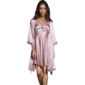 Women Sexy Silk Satin Robe Camisole Pajama Dress 2 Piece Suit Sleepwear Best Gift for Girls, Pink, Small