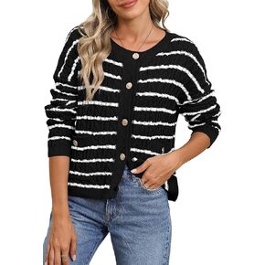 Pink Queen Women's Cable Knit Sweater Cardigan 2024 Fall Long Sleeve Crewneck Button Down Stripe Cozy Cardigans Outerwear